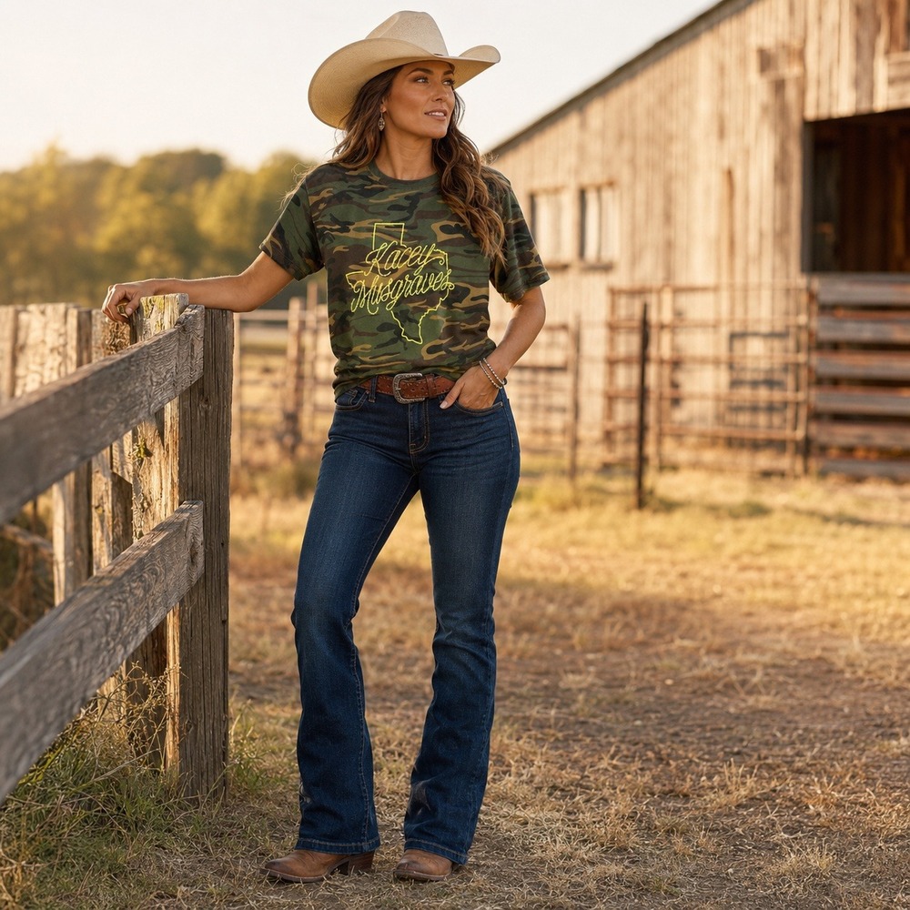 Kacey Musgraves Texas Camo Graphic L T-Shirt Woodland Camouflage Yellow Script